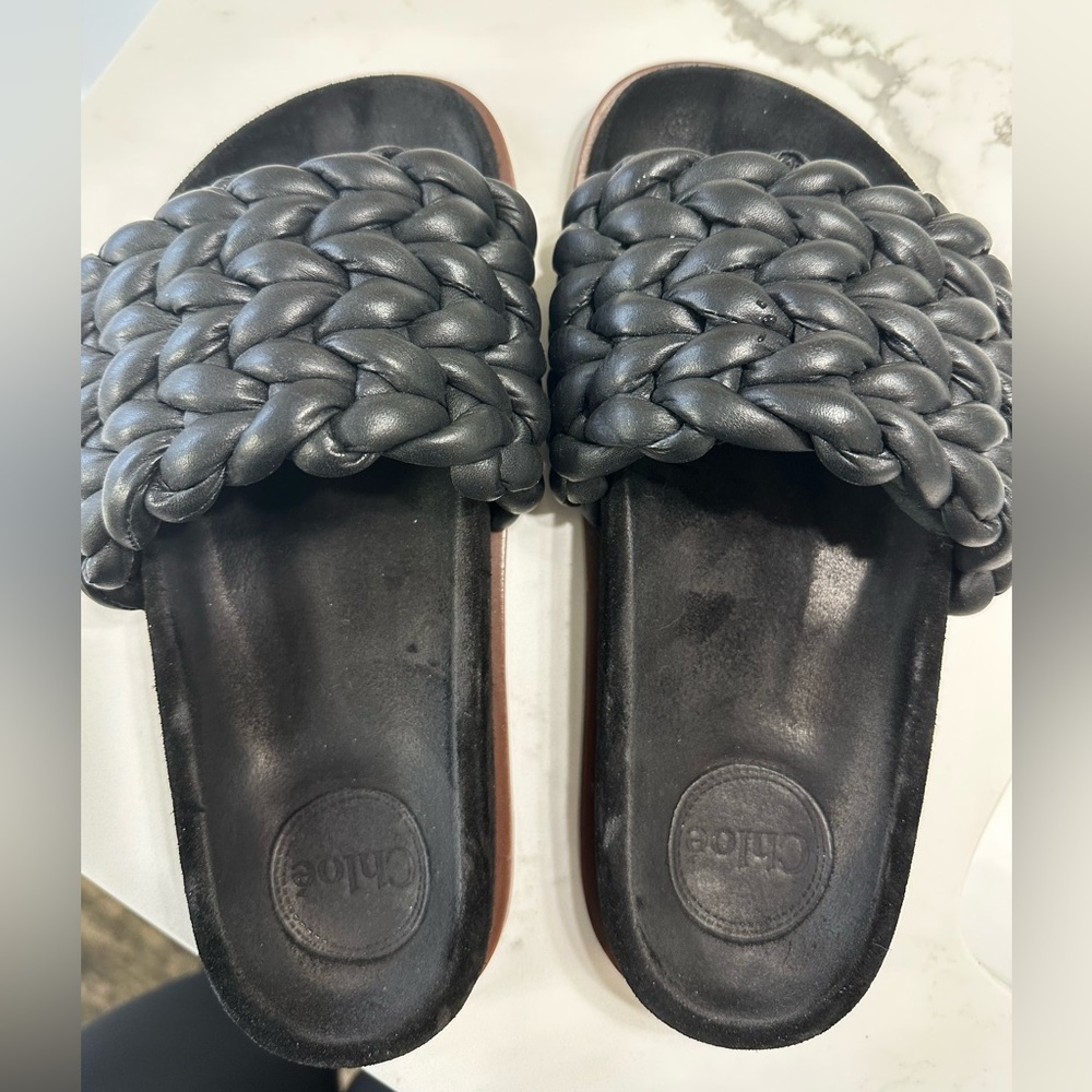 Chloe black braided leather slide sandals